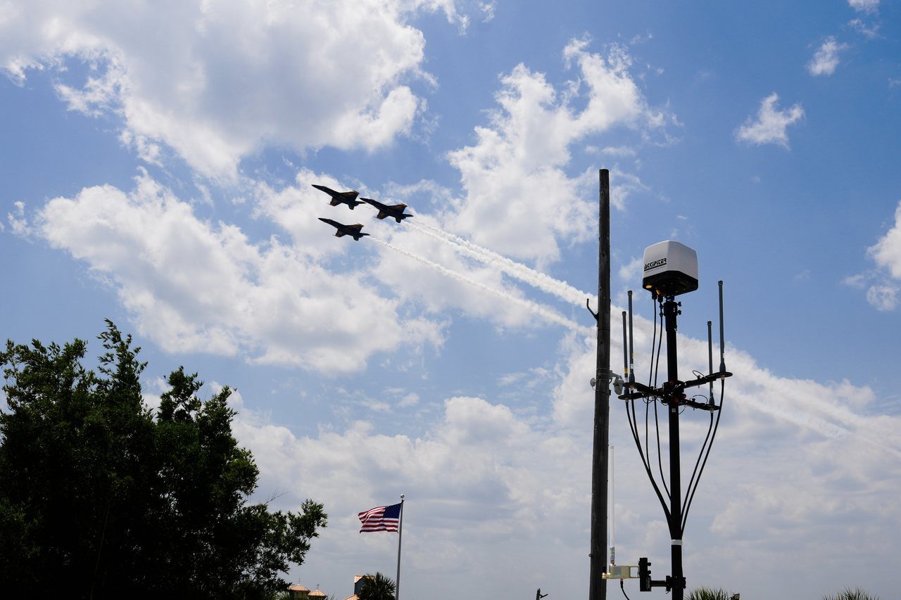 seneca-airspace-sensor-mast Drone detection sensor mast with radar and antennas as jets fly overhead